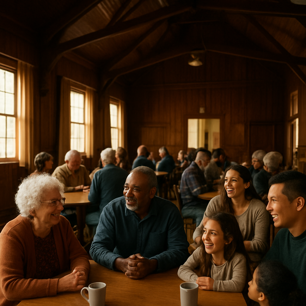 Local residents gathering inside the warm wooden interior of Valley Oaks